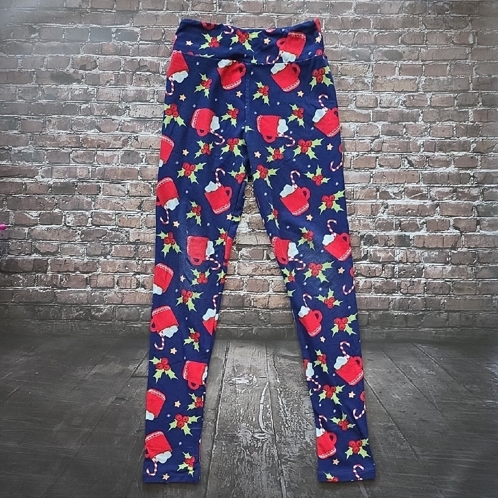 LuLaRoe Girls' Navy Holiday Mug Print Leggings - Tween